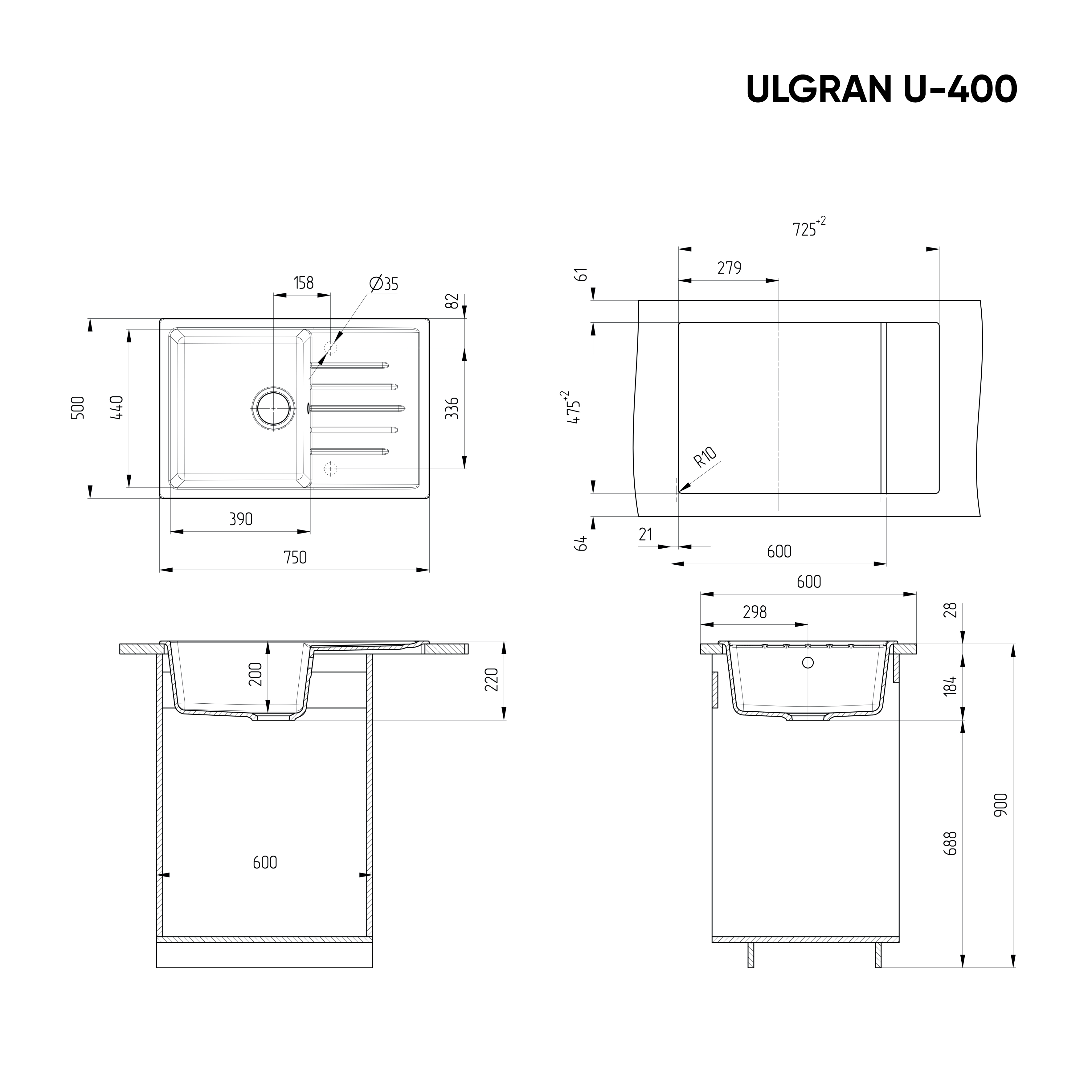 Кухонная мойка ULGRAN U-400 односекционная реверсивная