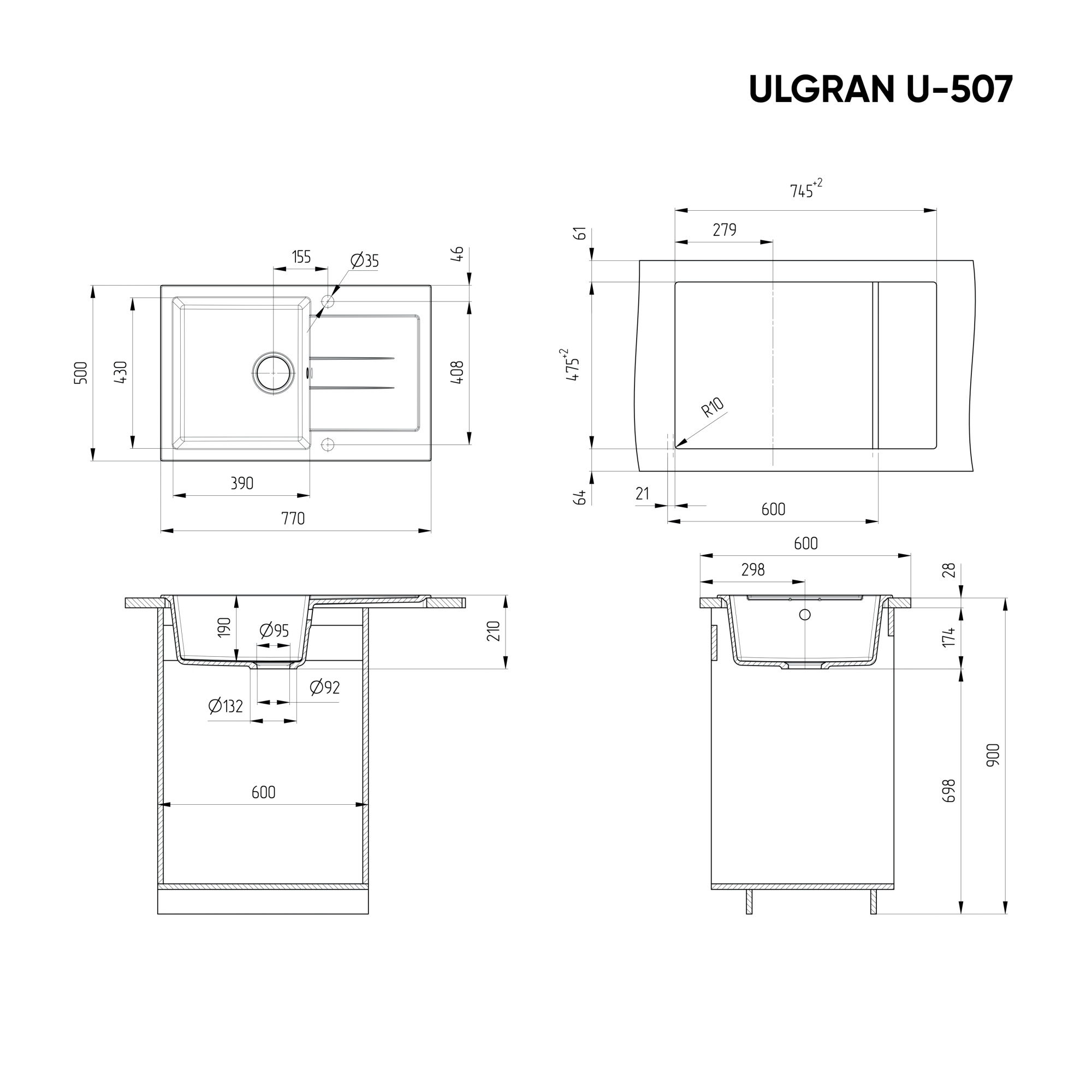 Кухонная мойка ULGRAN U-507 односекционная реверсивная